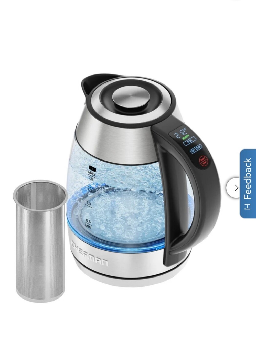 Chefman Lightning 1.8L Custom-Temp Electric Kettle, 1500W with Tea Infuser